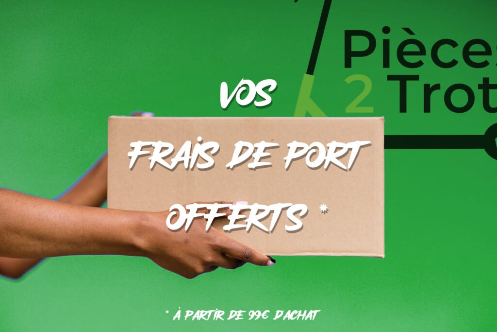 Bannière publicitaire mettant en avant les frais de port offerts sur le site Pièces 2 Trott', spécialiste des pièces détachées pour trottinettes électriques.