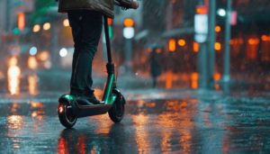 Un homme se balade le soir et roule en trottinette sous la pluie.