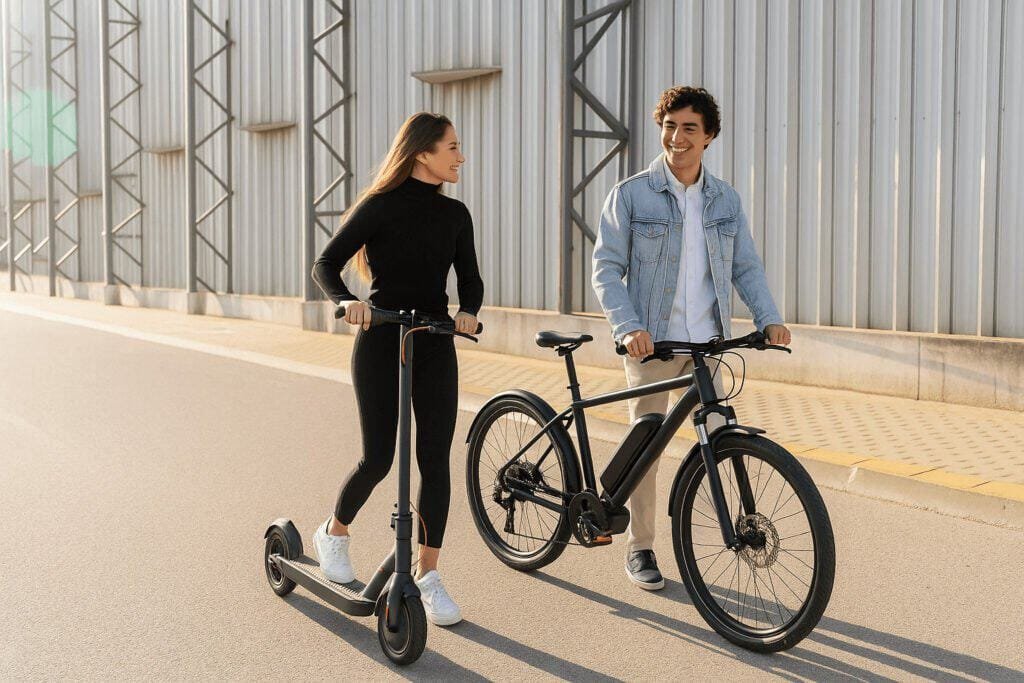 2 personnes marchent et débattent du sujet suivant : comparatif trottinette vs vélo électrique, que choisir ?