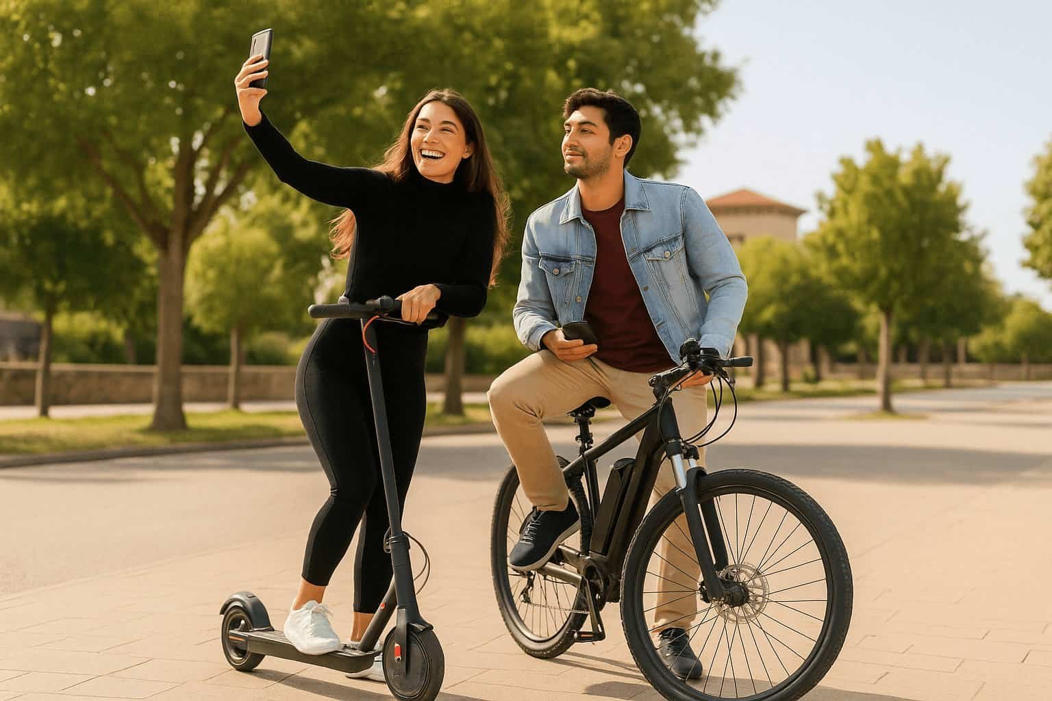 2 personnes se prennent en seflie et débattent du sujet suivant : comparatif trottinette vs vélo électrique, que choisir ?