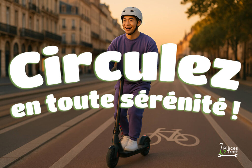 Un jeune homme asiatique souriant circule avec sa trotinette électrique dans le centre ville de Bordeaux.