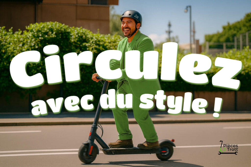 Un homme souriant circule avec sa trotinette électrique