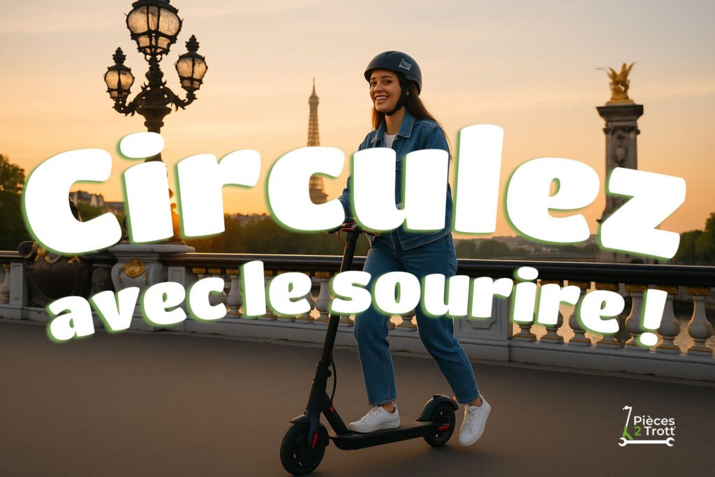 Ue jeune femme souriante circule avec sa trotinette électrique à Paris.