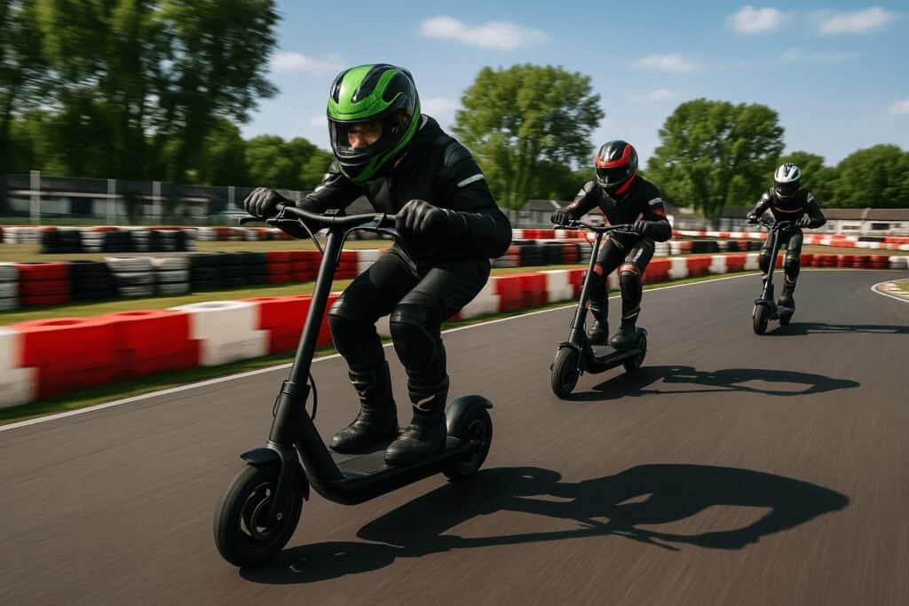 Un homme pilote une trottinette électrique ultra rapide sur un circuit de course, suivi de ses deux adversaires.