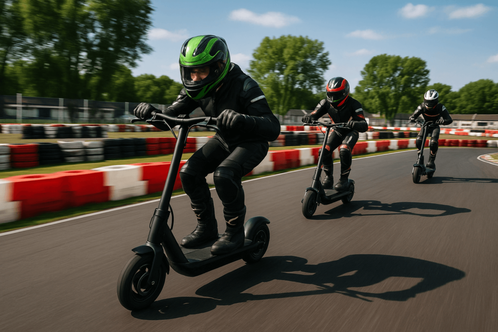 Un homme pilote une trottinette électrique ultra rapide sur un circuit de course, suivi de ses deux adversaires.