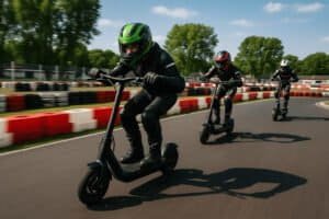 Un homme pilote une trottinette électrique ultra rapide sur un circuit de course, suivi de ses deux adversaires.