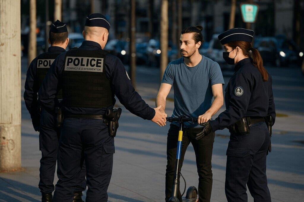 Un jeune homme fait face à un contrôle sur les trottinettes électriques par la police.