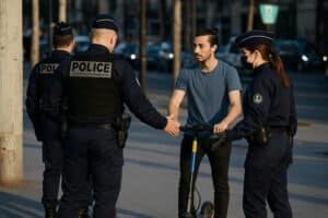 Un jeune homme fait face à un contrôle sur les trottinettes électriques par la police.