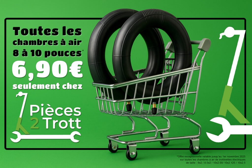 Bannière promotionnelle du site Pièces 2 Trott', proposant des chambres à air au prix exceptionnel de 6,90 euros seulement !