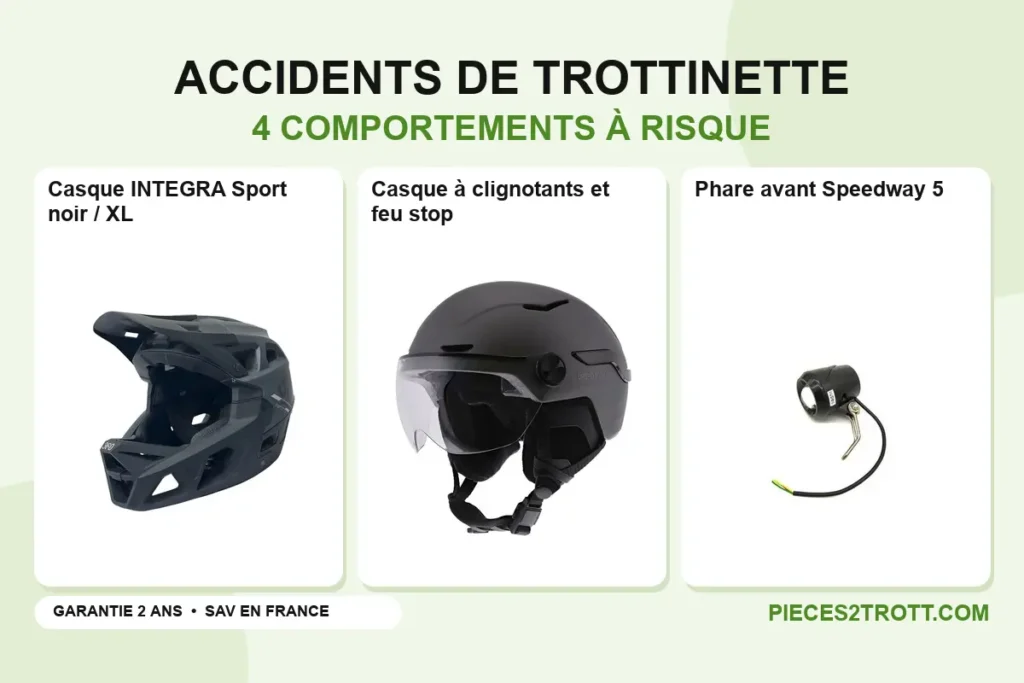 Image de l’article « 4 comportements à risque qui provoquent des accidents de trottinettes électriques » : photos de Casque INTEGRA Sport noir / XL, Casque à clignotants et feu stop et Phare avant Speedway 5