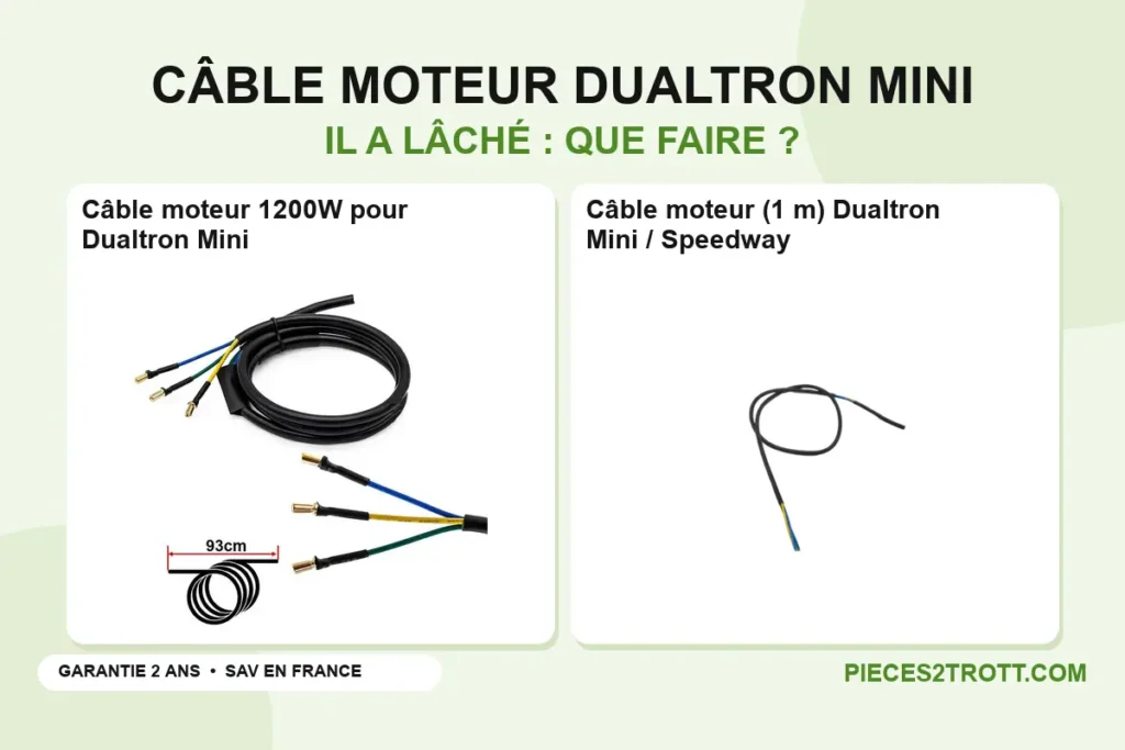 Image de l’article « Mon câble moteur pour Dualtron Mini a lâché, que faire ? » : photos de Câble moteur 1200W pour Dualtron Mini et Câble moteur (1 m) Dualtron Mini / Speedway