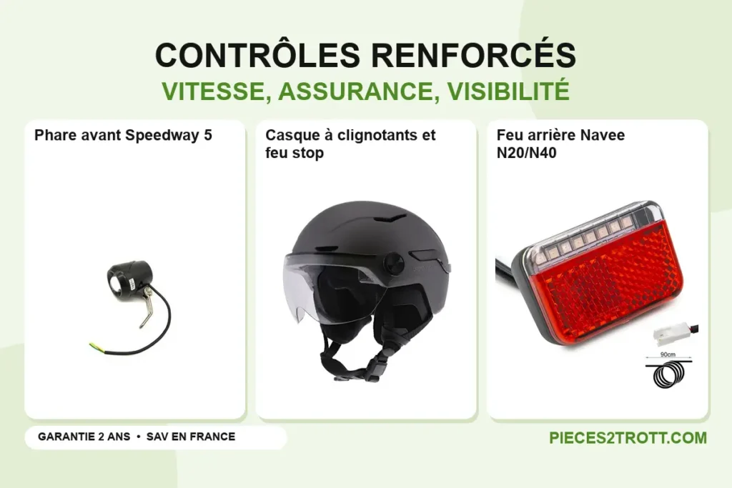 Image de l’article « Le contrôle sur les trottinettes électriques s’intensifie ! » : photos de Phare avant Speedway 5, Casque à clignotants et feu stop et Feu arrière Navee N20/N40