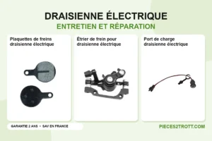 Image de l’article « Conseils d’entretien et réparation d’une draisienne électrique » : photos de Plaquettes de freins draisienne électrique, Étrier de frein pour draisienne électrique et Port de charge draisienne électrique