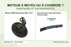 Image de l’article « Moteurs à moyeu ou moteurs à courroie : avantages et inconvénients » : photos de Moteur 500W Speedway Mini 4 Pro et Courroie pour moto électrique Tromox Ukko