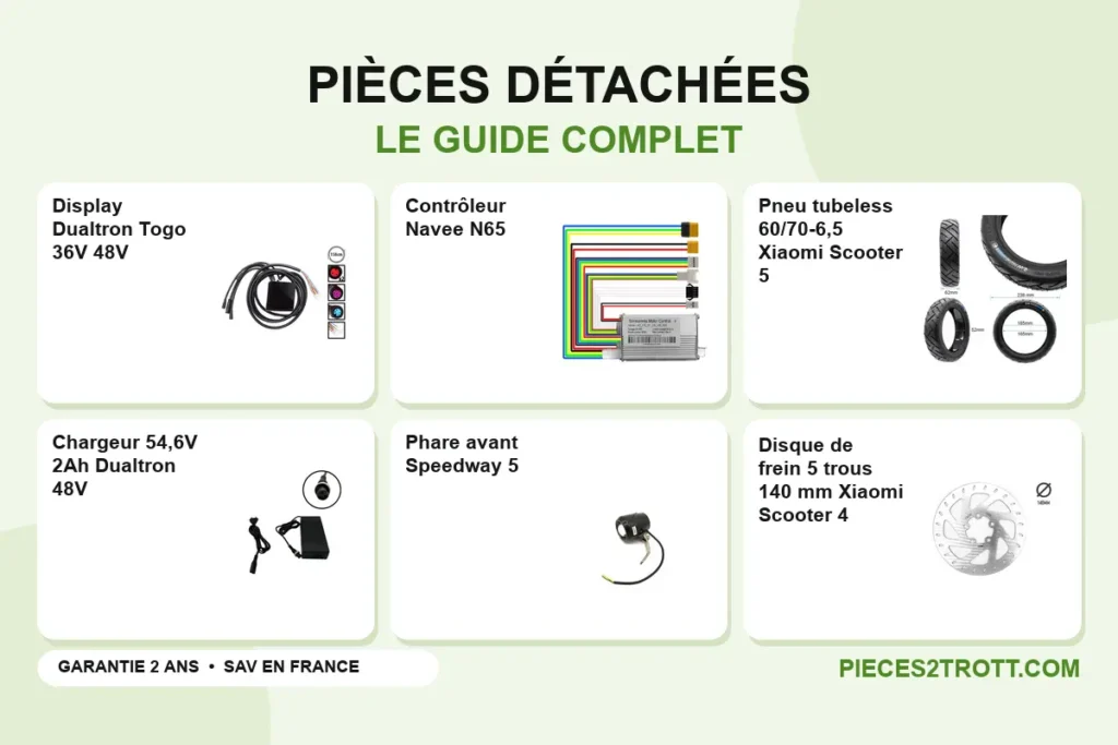 Image de l’article « Guide complet sur les pièces détachées de trottinette électrique : Optimisez votre expérience de conduite » : photos de Display Dualtron Togo 36V 48V, Contrôleur Navee N65, Pneu tubeless 60/70-6,5 Xiaomi Scooter 5, Chargeur 54,6V 2Ah Dualtron 48V, Phare avant Speedway 5 et Disque de frein 5 trous 140 mm Xiaomi Scooter 4