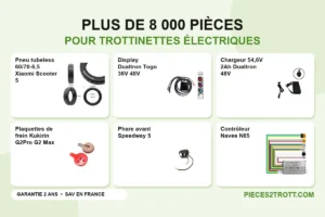 Image de l’article « Une boutique en ligne française propose plus de 8000 pièces de trottinettes électriques ! » : photos de Pneu tubeless 60/70-6,5 Xiaomi Scooter 5, Display Dualtron Togo 36V 48V, Chargeur 54,6V 2Ah Dualtron 48V, Plaquettes de frein Kukirin G2Pro G2 Max, Phare avant Speedway 5 et Contrôleur Navee N65