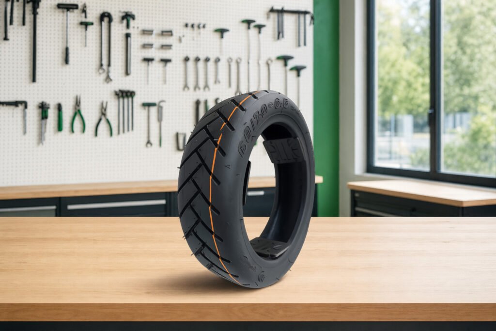 Pneu trottinette xiaomi tubeless 60/70-6,5 posé sur un établi en bois dans un atelier de réparation