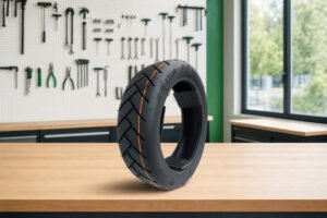 Pneu trottinette xiaomi tubeless 60/70-6,5 posé sur un établi en bois dans un atelier de réparation