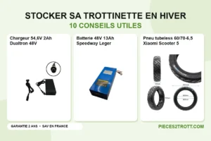 Image de l’article « 10 conseils utiles pour stocker votre trottinette électrique en hiver » : photos de Chargeur 54,6V 2Ah Dualtron 48V, Batterie 48V 13Ah Speedway Leger et Pneu tubeless 60/70-6,5 Xiaomi Scooter 5