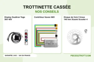 Image de l’article « Trottinette cassée, voici nos conseils ! » : photos de Display Dualtron Togo 36V 48V, Contrôleur Navee N65 et Disque de frein 5 trous 140 mm Xiaomi Scooter 4